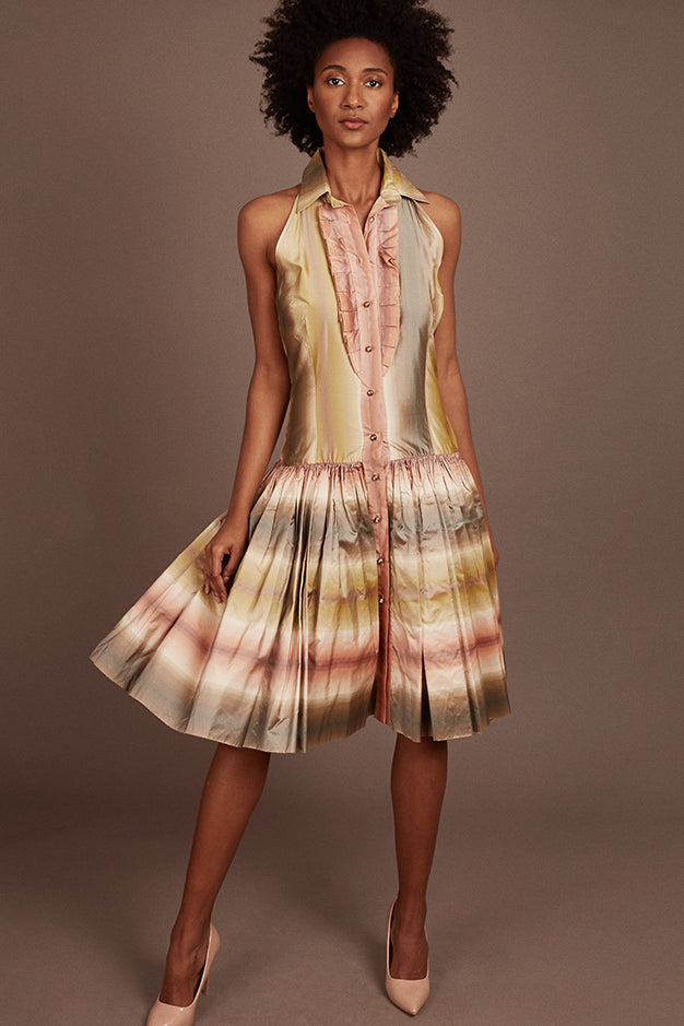 BILL BLASS <br> Pastel Sleeveless Midi Dress with Collar <br> Size 6