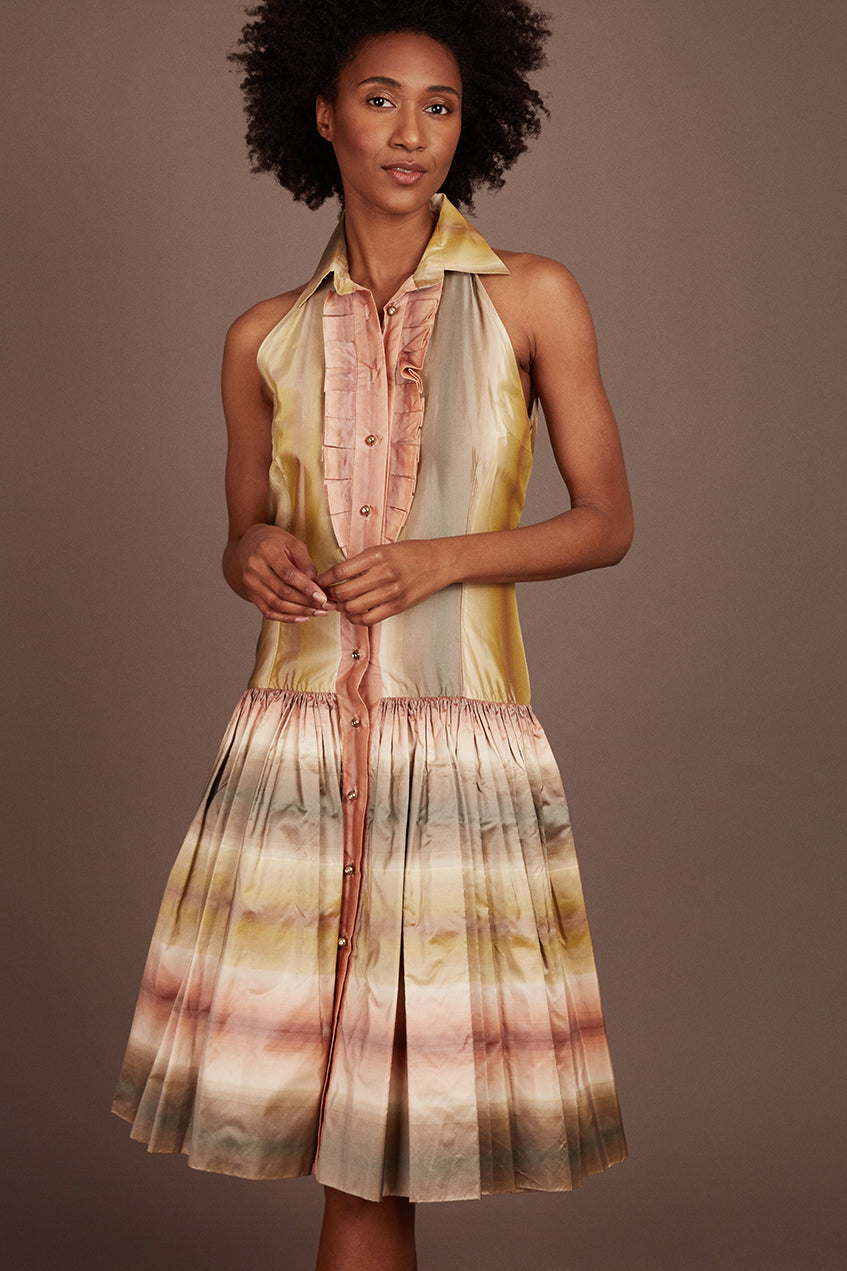 BILL BLASS <br> Pastel Sleeveless Midi Dress with Collar <br> Size 6